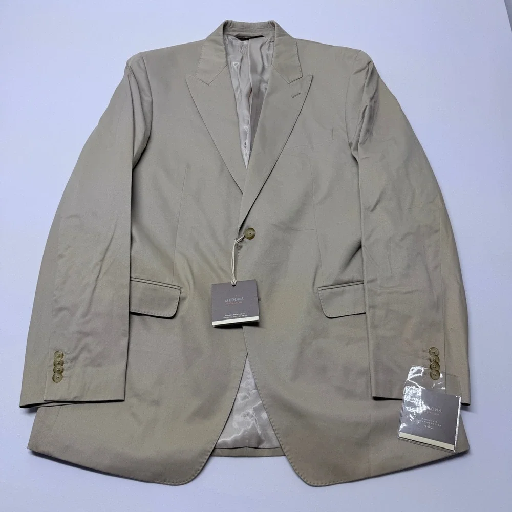Merona Premium Mens 44L Tan Khaki Cotton Modern Fit Peak Lapel Blazer Sport Coat